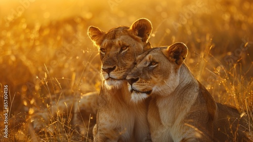 Two lions laying on the ground in the wild