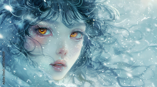 Ethereal Yuki-Onna - A delicate and vibrant painting of a very short, lanky, very fair-skinned Hispanic or Latino woman with frizzy hair and amber eyes in a snowy landscape, Generative AI photo