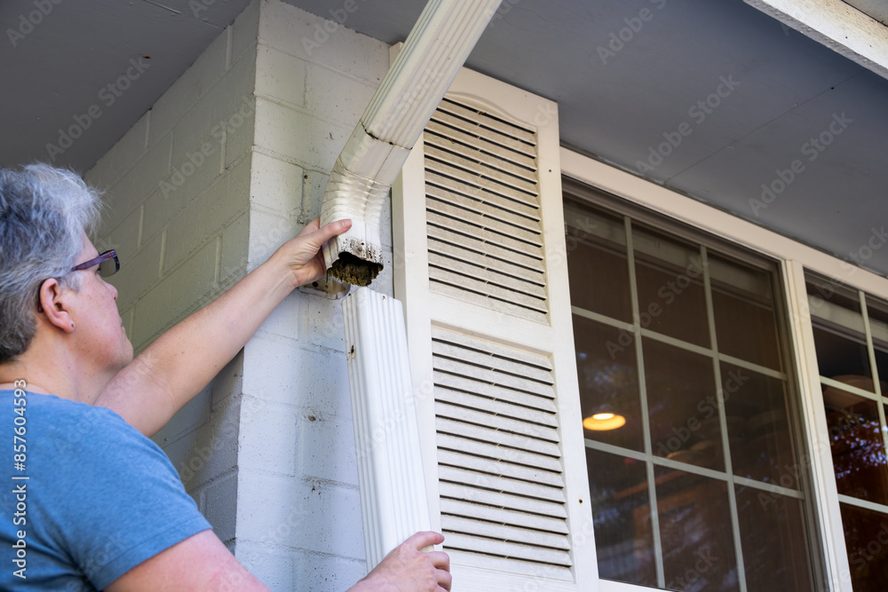 Middle aged Caucasian woman pulling apart white metal rainwater downspout sections detached from mounting bracket, homeowner do it yourself maintenance and repair project
Middle aged Caucasian woman pulling apart white metal rainwater downspout sections detached from mounting bracket, homeowner do it yourself maintenance and repair project