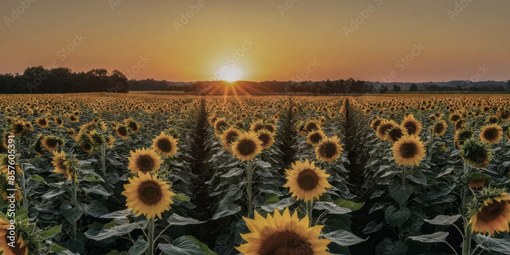 Fototapeta premium Sunflowers in Full Bloom at Sunset