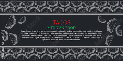 Taco background hand drawn illustration on a black board.