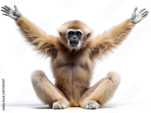 A Gibbon Sitting Cross-Legged With Its Arms Raised In The Air.