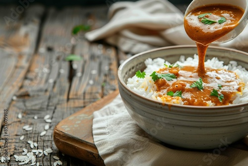 Pouring curry sauce on rice photo