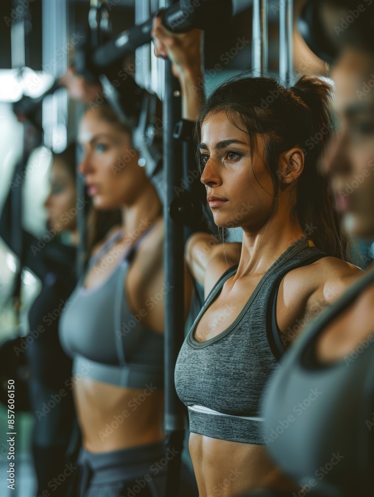 Obraz premium Close-up view of woman focused on strength training and weight lifting in the gym with determination