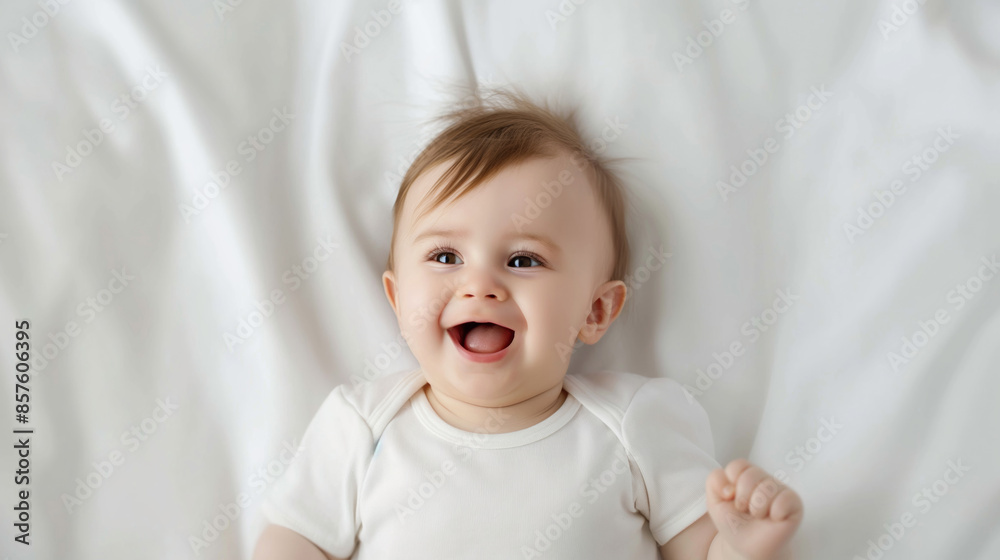 A baby boy wearing a white onesie lies on white bedding, smiling with his mouth open. A baby boy wearing a white onesie lies on white bedding, smiling with his mouth open.