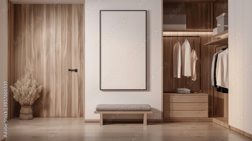 Modern Minimalist Walk-In Closet with Wooden Accents and Neutral Tones Modern Minimalist Walk-In Closet with Wooden Accents and Neutral Tones