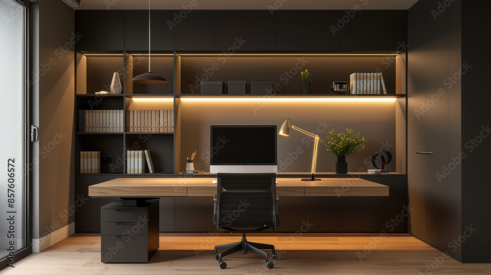Fototapeta premium Functional home office with computer desk, bookshelves, and task lighting