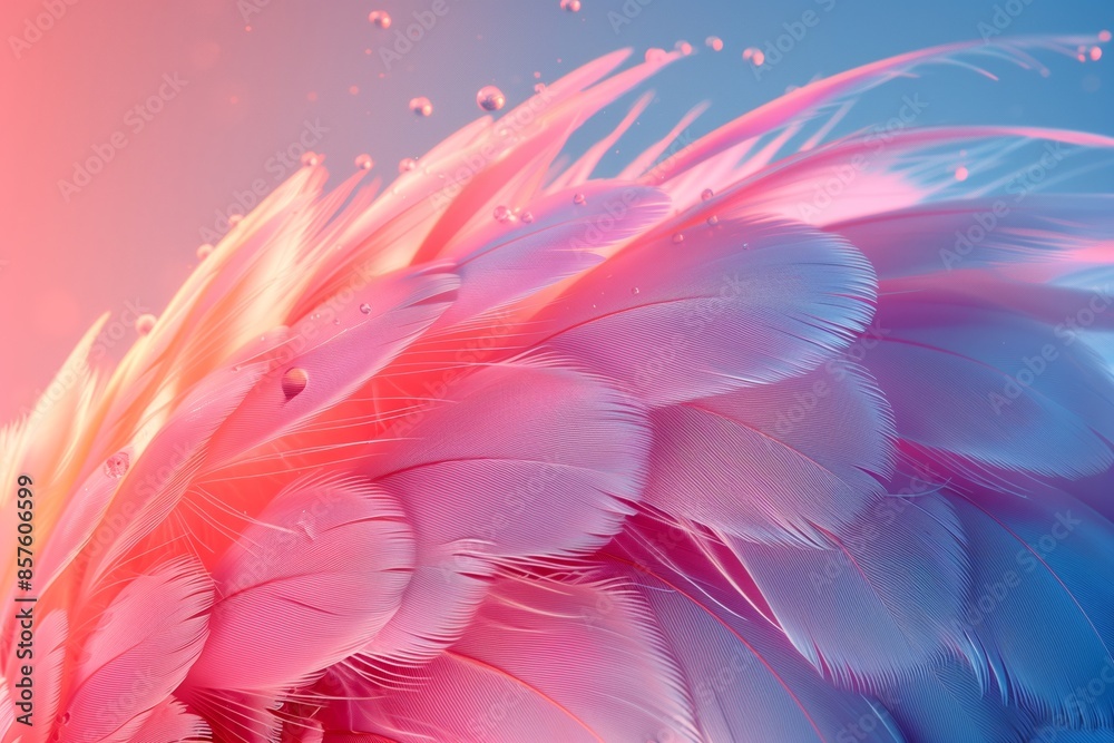 Pink and Blue Feathers With Water Droplets Pink and Blue Feathers With Water Droplets