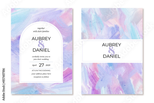 wedding invitation with purple blue abstract painting background