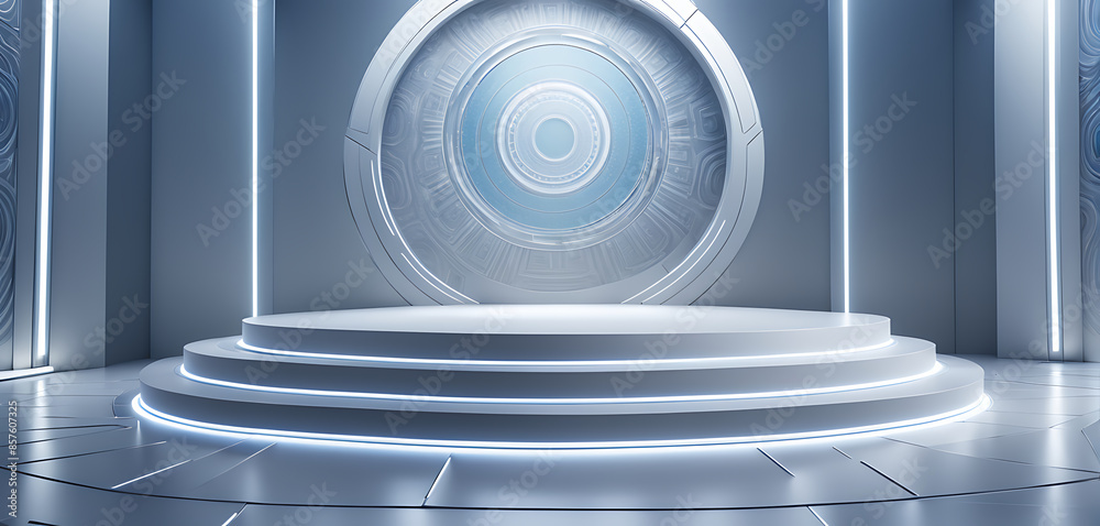 Fototapeta premium Podium background 3D light tech stage future platform game abstract. Podium 3D background technology room product circle glow effect portal stand studio scene white design ring modern display space. 