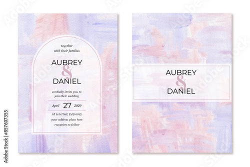 wedding invitation with soft purple peach painting background