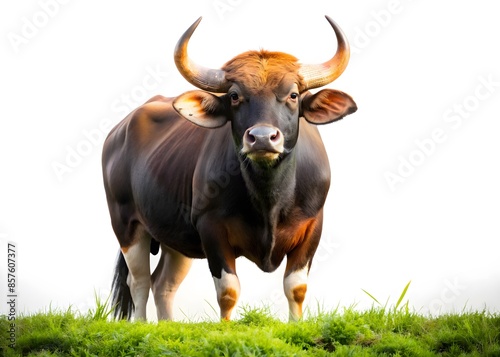 **A Majestic Gaur, Or Indian Bison, Stands Tall On A Grassy Hill, Isolated On A White Background.** photo
