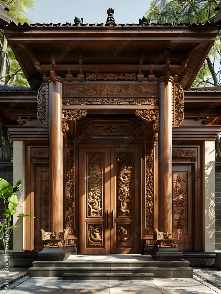 Naklejka premium Artisanal Mastery: Ornate Carvings on Wooden Entrance Door