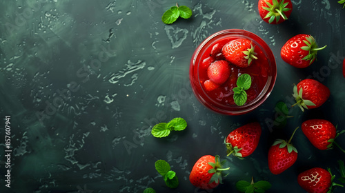 Overhead View of Strawberry Jam with Fresh Strawberries