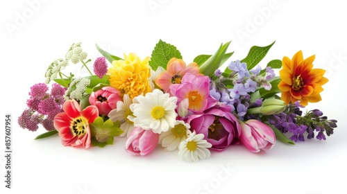 Bouquet of roses and various beautiful colorful flowers on a white background, wedding and romance decoration.