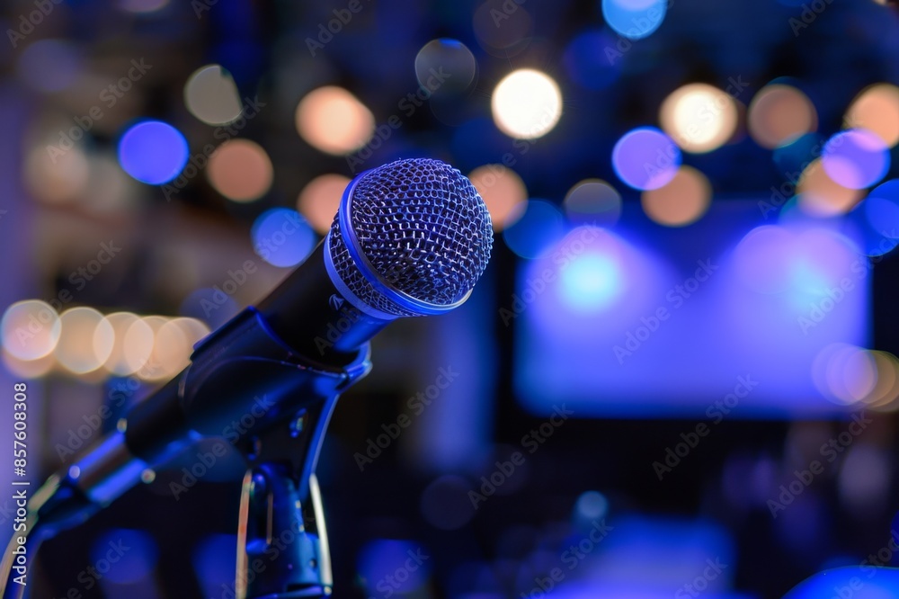 Close-up of a microphone with a blurred stage in the background, captured in a blue-lit setting suitable for a concert or event. Close-up of a microphone with a blurred stage in the background, captured in a blue-lit setting suitable for a concert or event.