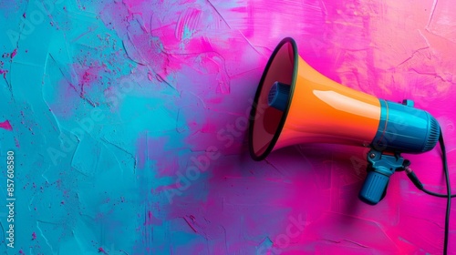 Colorful megaphone on a vibrant textured background in pink and blue, representing communication and announcement concepts. © pingpao