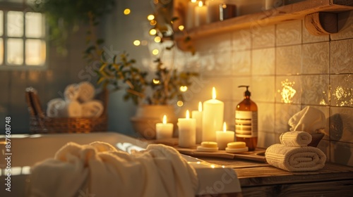 Serene bathroom featuring lit candle, towels and warm lighting, relax in spa or bathroom with ambiance cozy for health, bathroom with decor with comfort, spa and beauty with soothing concept.