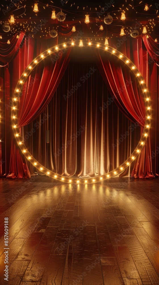 Fototapeta premium A stage set with red velvet curtains and a circular light fixture