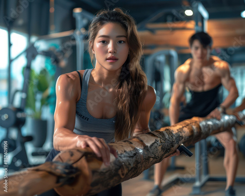 Focused Woman Exercising with Wooden Log in Modern Gym, Motivational Fitness Training, Strength and Endurance Workout, Diverse Gym Community, Athletic Men and Women, Health and Wellness Commitment photo