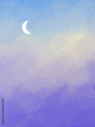 Abstract oil paint blue sky with clouds and white crescent moon 