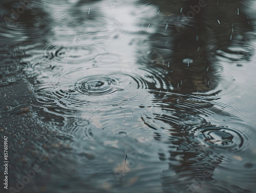 Rain puddle ripples, raindrops falling gently, reflecting cloudy sky, moody and serene atmosphere.