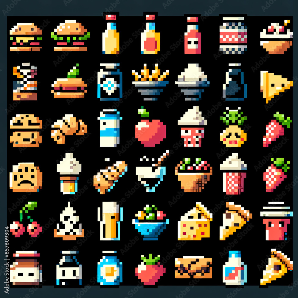 Food Items Icons in Pixel Art Style Food Items Icons in Pixel Art Style