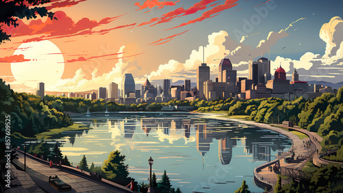 Montreal - Quebec, Canada, City, Cartoon, Poster Style