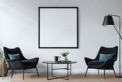 Wall art mockups. blank white square frame hung up on a wall in a living. wall art poster mockup.