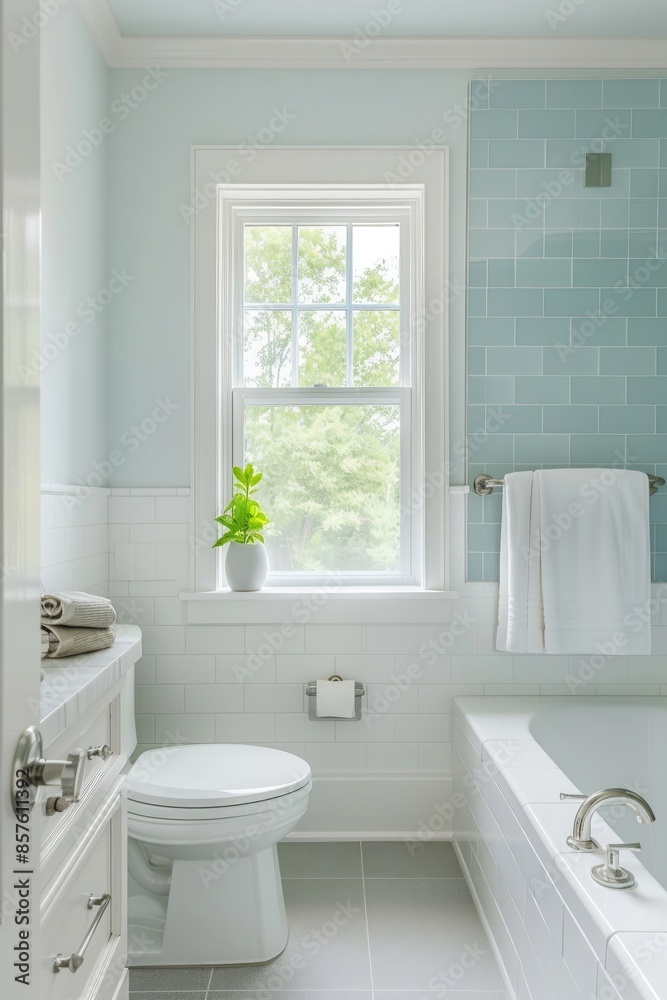 A bright and airy bathroom with white walls, grey tiles on the floor, blue tiled wall behind the toilet A bright and airy bathroom with white walls, grey tiles on the floor, blue tiled wall behind the toilet