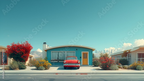 Retro Vintage view of a small b lue home with a red car out front - old-school style 