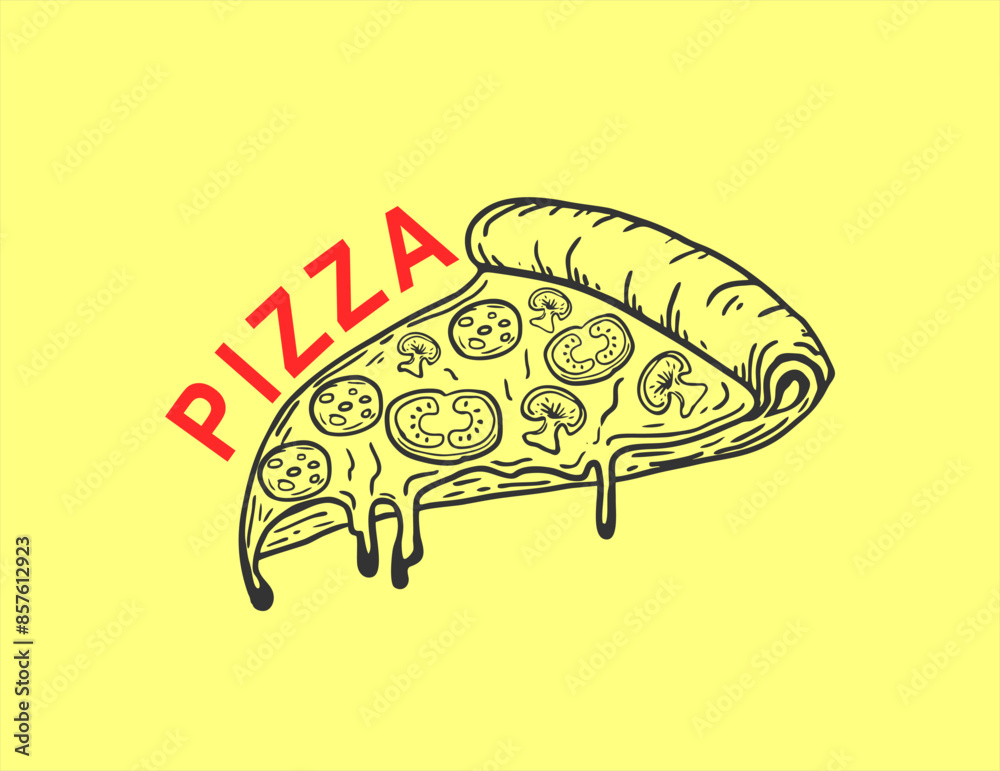 Hand drawn sketch style pizza slice. Pepperoni pizza with salami, tomato and melted cheese. Vector illustration. Hand drawn sketch style pizza slice. Pepperoni pizza with salami, tomato and melted cheese. Vector illustration.