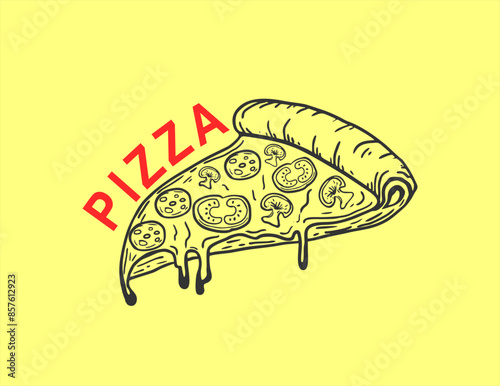 Hand drawn sketch style pizza slice. Pepperoni pizza with salami, tomato and melted cheese. Vector illustration.