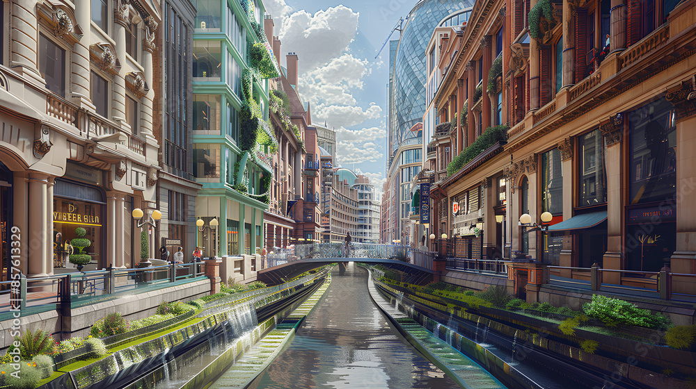 Hyper-Realistic Street-Level Panoramic View of a European Canal with Boats Hyper-Realistic Street-Level Panoramic View of a European Canal with Boats
