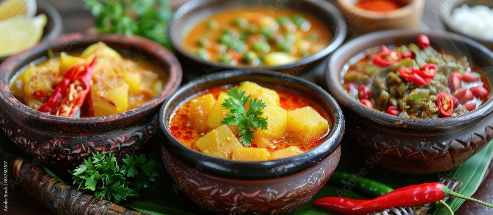Traditional Thai Curry Dishes in Earthenware Bowls