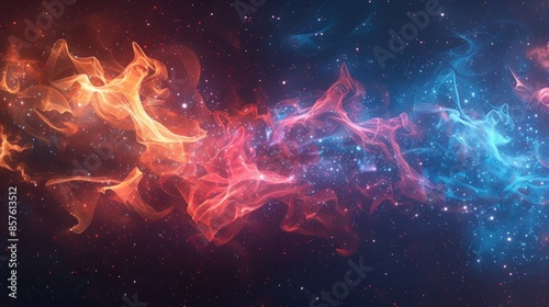 Abstract Cosmic Nebula with Red and Blue Glowing Swirls