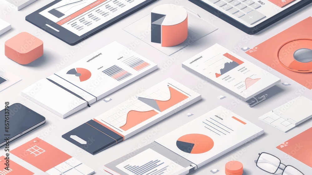 Mockup isometric stationary diagram report design Mockup isometric stationary diagram report design