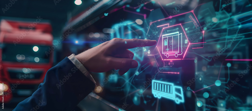 Fototapeta premium A hand interacts with a futuristic digital interface, showcasing technological advancements.