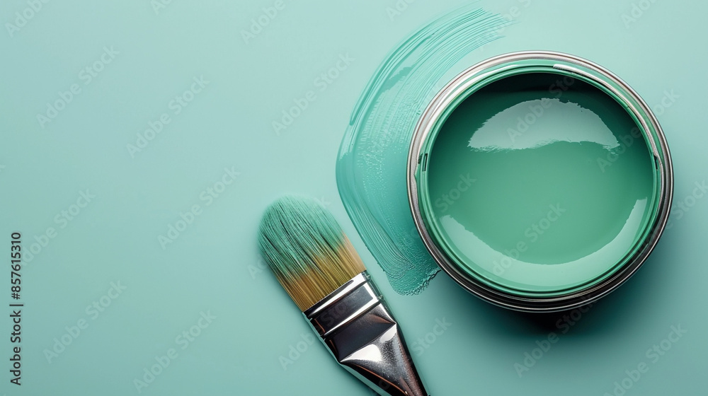 paint can containing green color and a brush on a light blue background paint can containing green color and a brush on a light blue background