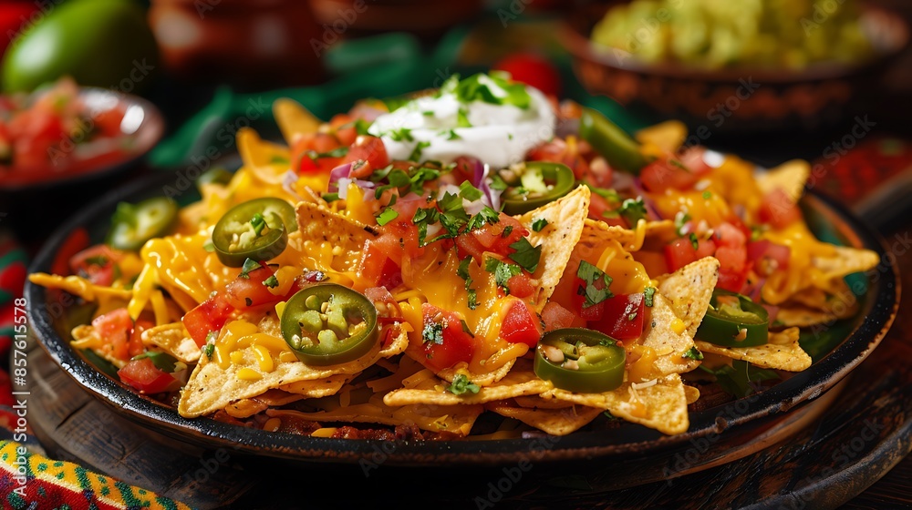 A mouthwatering plate of nachos with melted cheese, jalapeños, guacamole, sour cream, and salsa, arranged on a festive platter ready for a party, with colorful tableware and decorations in the A mouthwatering plate of nachos with melted cheese, jalapeños, guacamole, sour cream, and salsa, arranged on a festive platter ready for a party, with colorful tableware and decorations in the