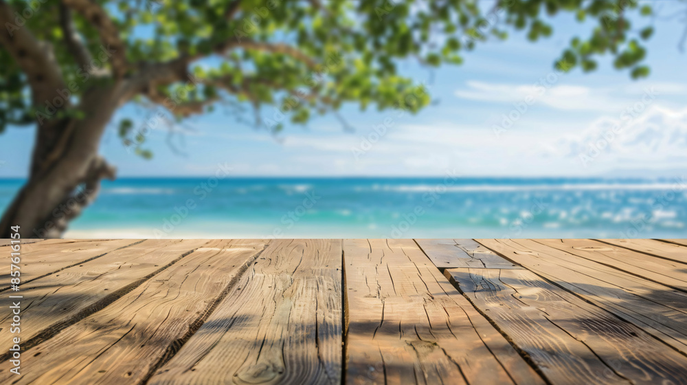 Fototapeta premium Wooden planks with copy space text for summer, beach, and vacation.