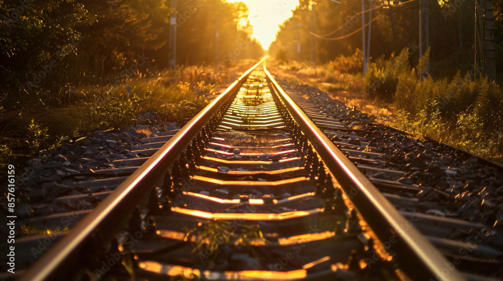 Obraz premium Railroad tracks with sunset in the background with copy space text for travel, journey, and hope.