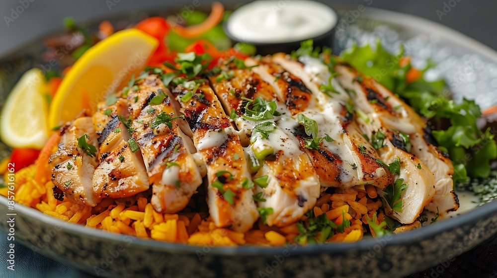 A delicious chicken rice dish with seasoned chicken, yellow rice, fresh salad and white sauce, garnished with lime wedges. then served on the table