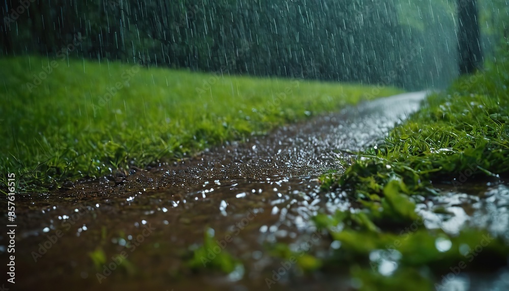 Fototapeta premium Heavy rainfall on a green jungle, nature background of a tropical environment during a rainy day with copy space