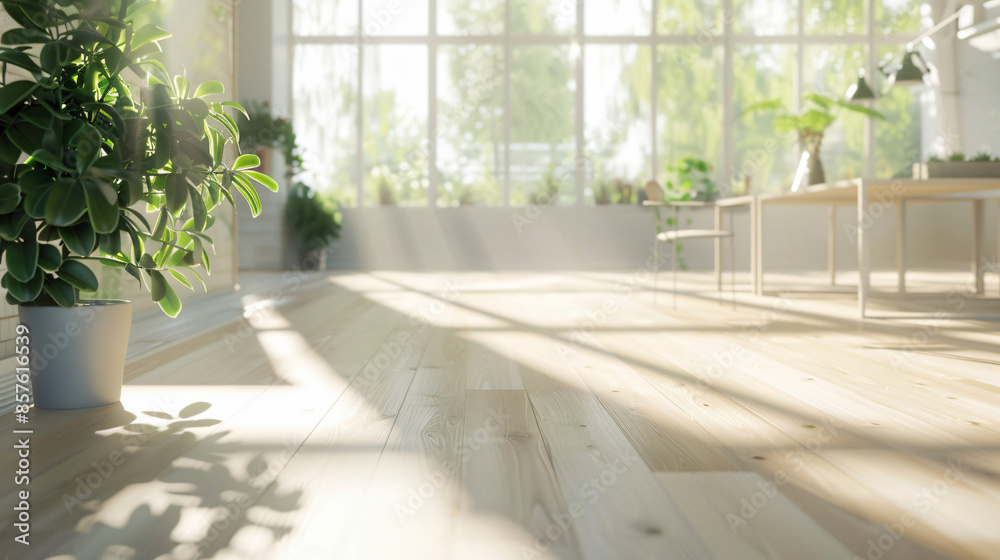 Fototapeta premium White wooden floor with sunlight streaming through window with copy space text for home, design, and minimalist.