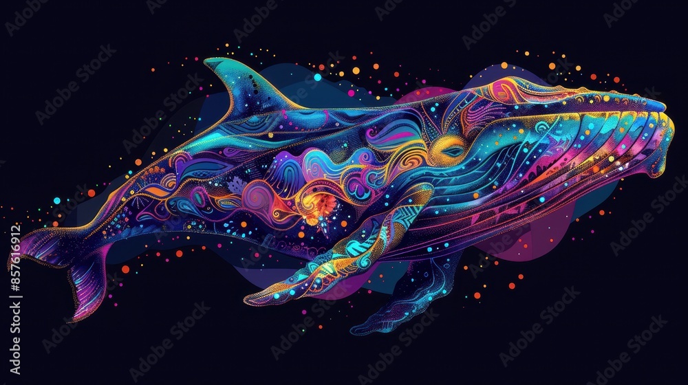 Vibrant Abstract Whale Illustration with Colorful Patterns on Dark Background Vibrant Abstract Whale Illustration with Colorful Patterns on Dark Background
