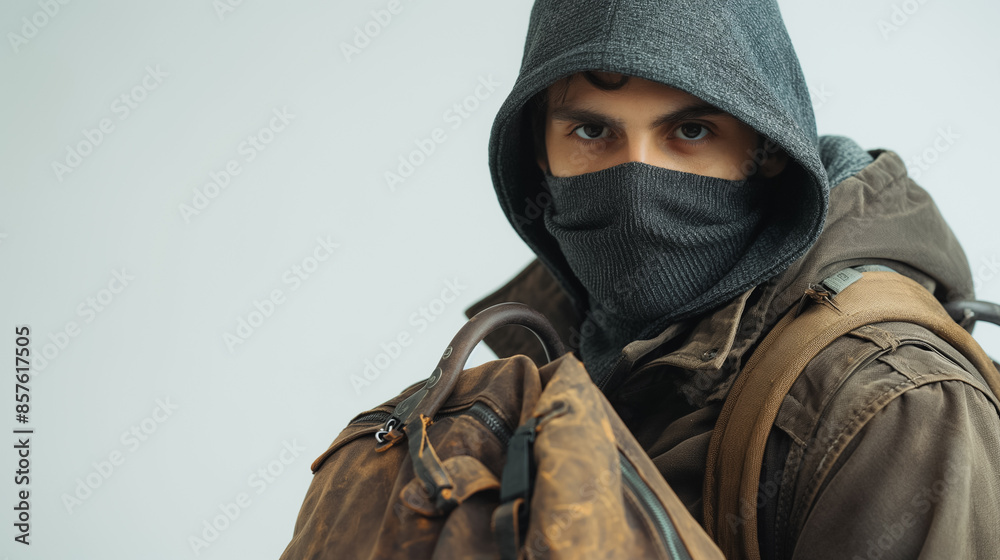 mysterious robber thief man in a black hoodie and mask, carrying a bag against a stark white background mysterious robber thief man in a black hoodie and mask, carrying a bag against a stark white background