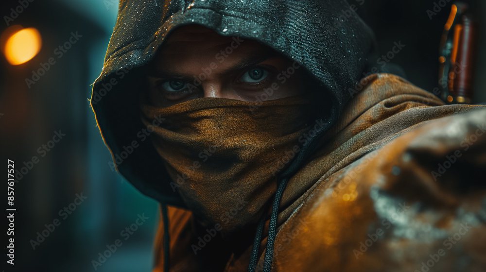 © CreativeIMGIdeas - a shadowy figure in a black hoodie and mask, clutching a hefty bag packed with cash, suggesting a high-stakes heist or robbery © CreativeIMGIdeas - a shadowy figure in a black hoodie and mask, clutching a hefty bag packed with cash, suggesting a high-stakes heist or robbery