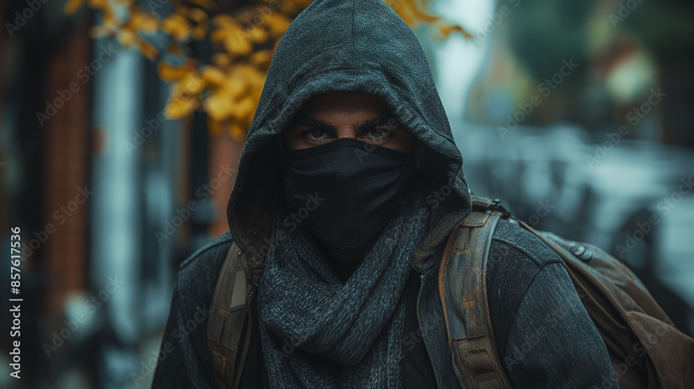 a shadowy figure in a black hoodie and mask, clutching a hefty bag packed with cash, suggesting a high-stakes heist or robbery