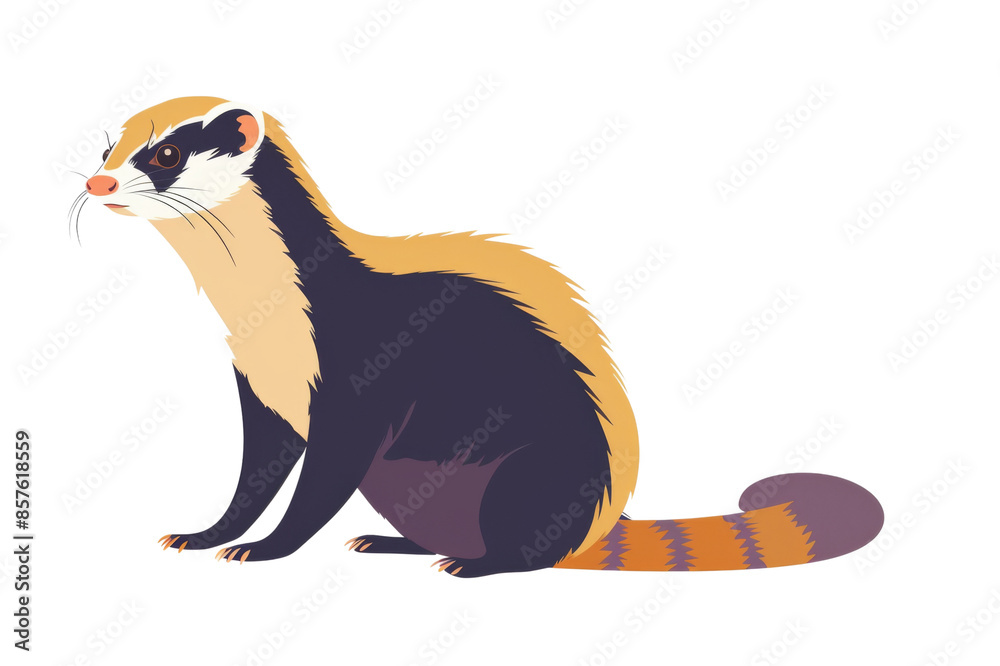 Obraz premium Colorful illustration of a black-footed ferret sitting, showcasing its vibrant markings and inquisitive expression. Isolated on transparent background.